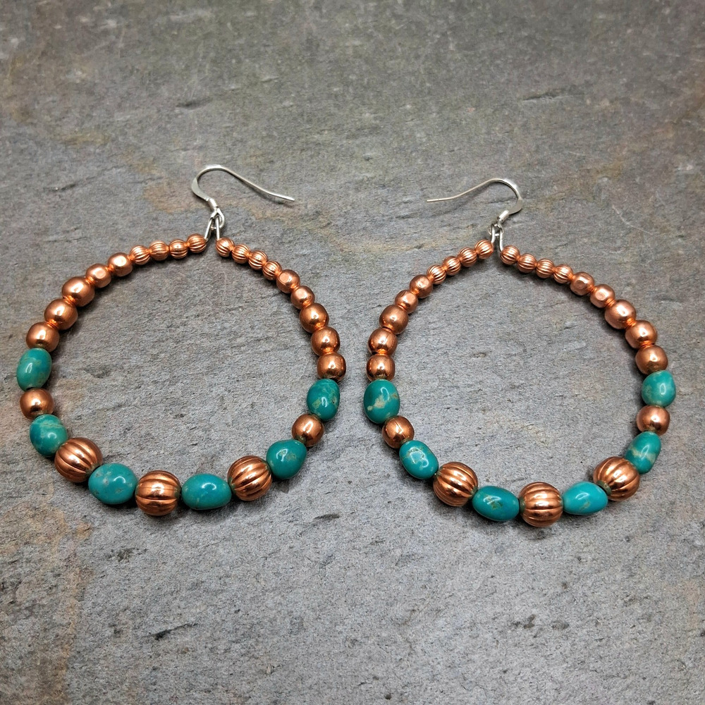 Southwestern Copper Turquoise Hoop Earrings 2.5” Statement Beaded Boho Western